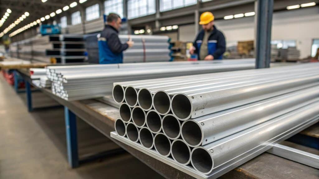 A balanced scale with a large block of aluminum on one side and a much smaller block of steel on the other, both representing the same strength.